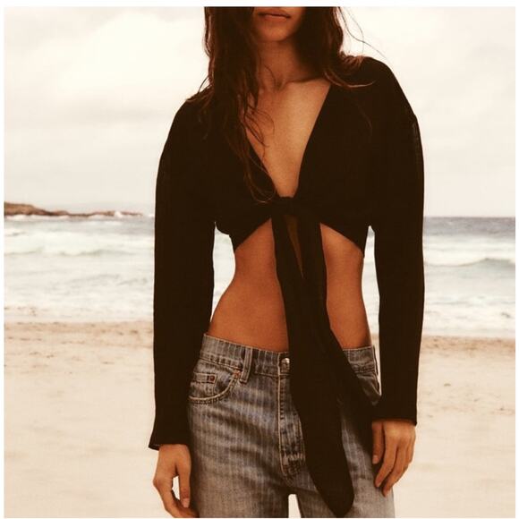 Zara Black Long Sleeve Sheer Tie Front Top Small Swim Cover Up Crop Deep V Neck - Picture 1 of 9